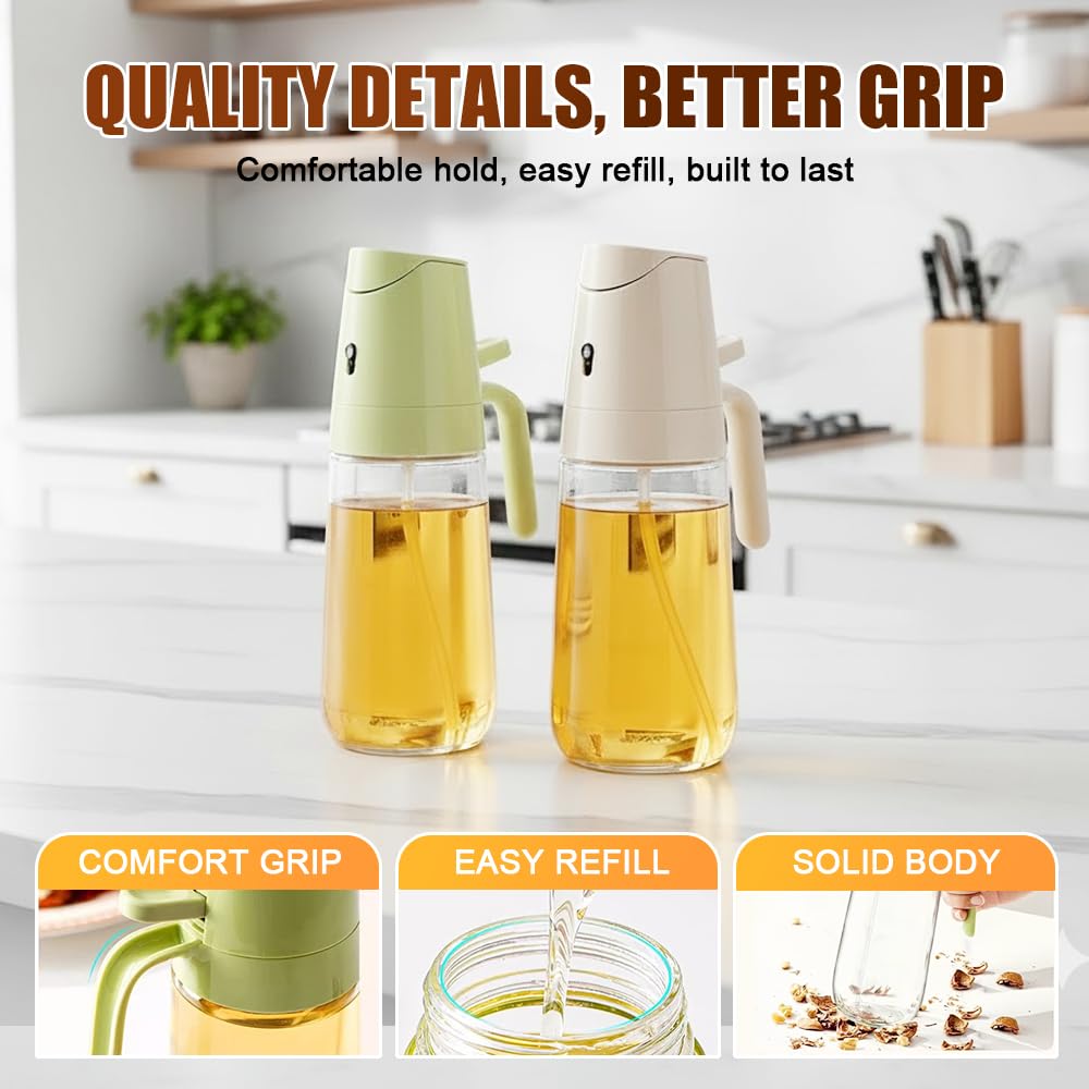 2-in-1 Glas-Ölsprüher und -spender, 2024 Upgrade, große 600 ml Olivenölspenderflasche für Küche, Lebensmittelqualität, Ölnebel, Sprühflasche zum Kochen, Luftfritteuse, Braten, Grillen (Grün, 600 ml)