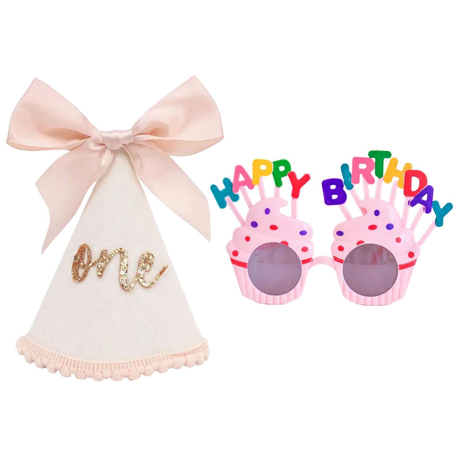 Gdfhbd Pink White 1 Piece Of Birthday Hat And 1 Piece Of Glasses, Glitter Bow Crown Hat, Birthday Party Decoration Set, Children's One-Year-Old Photo Props.