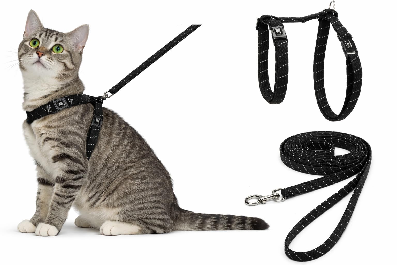 cat harness - Elza black - 22-32cm - 27-46cm - leash 110cm - adjustable nylon - reflective - with carabiner