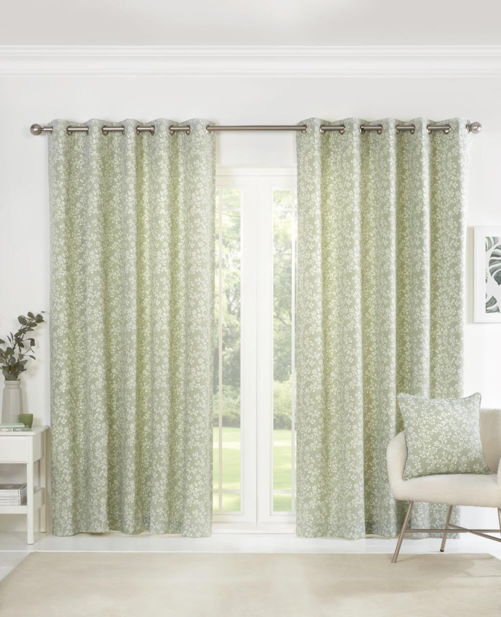 Pikk Green - Fully Lined Sade - Floral Fully Lined Curtains - 40Mm Eyelet/Ring Top Header - Polycotton (, 90" X 90" / 229Cm X 229Cm)