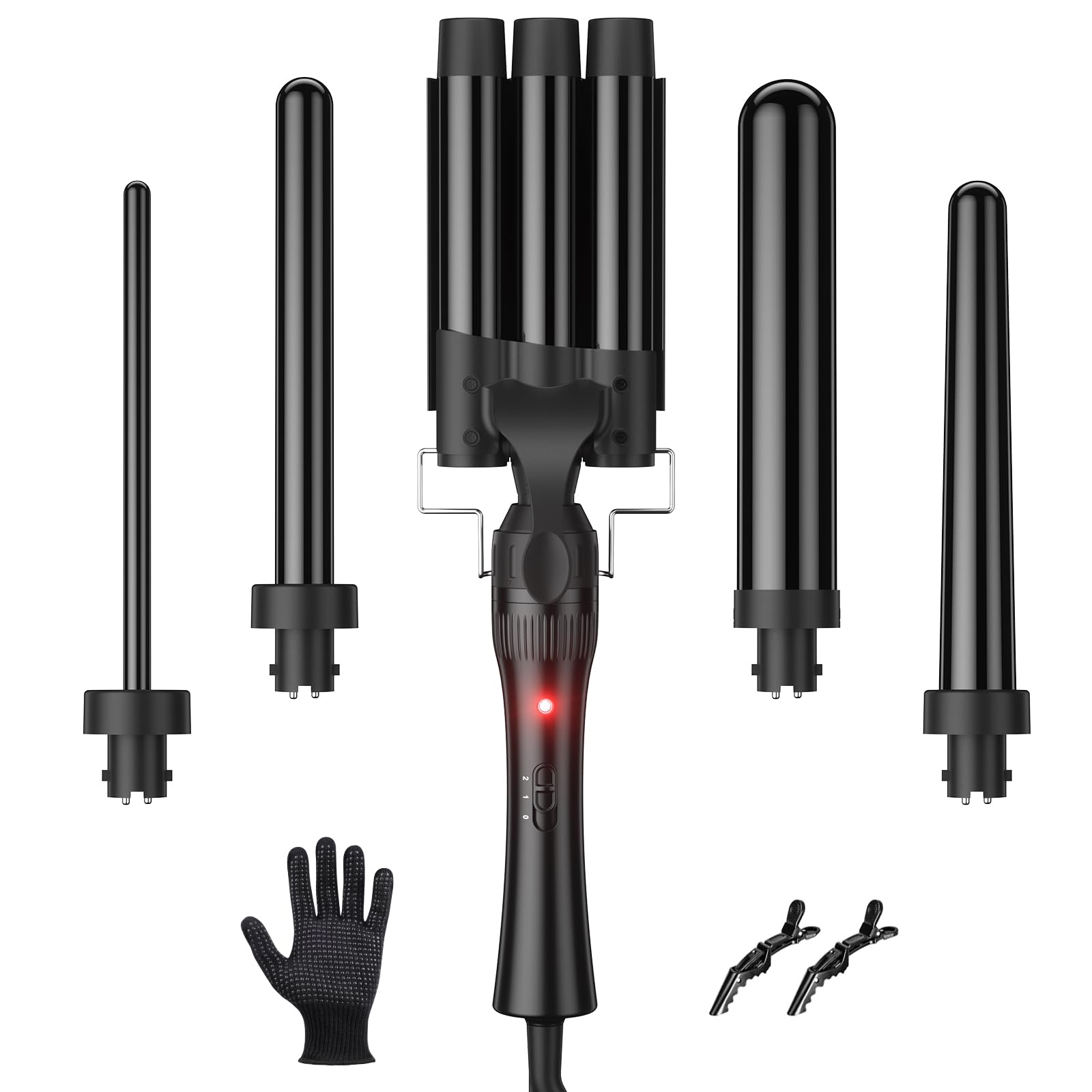 ELEHOT-Store 5 en 1 rizador de pelo con control de temperatura de 3 cabezales (180-210 ℃), rizador de pelo de cerámica de 10-32mm, iones negativos, guantes antiquemaduras, 2 clips