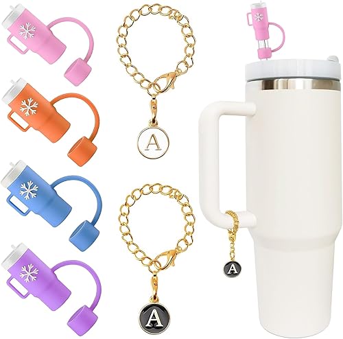 (4+2) 4 fundas de paja de 0.4 pulgadas para copa Stanley de 30 y 40 onzas, 0.394 in, con 2 accesorios para tazas Stanley, dijes de letras con nombre