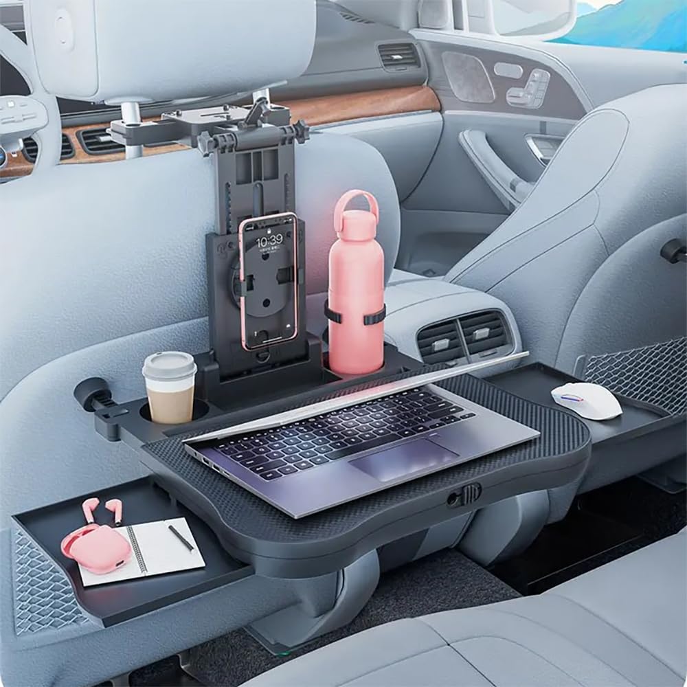 NEWFUN Auto Tisch für Rücksitz Beifahrer, Schreibtisch mit Getränkehalter und Handyhalter, Laptop Schreibtisch für Autofahrten
