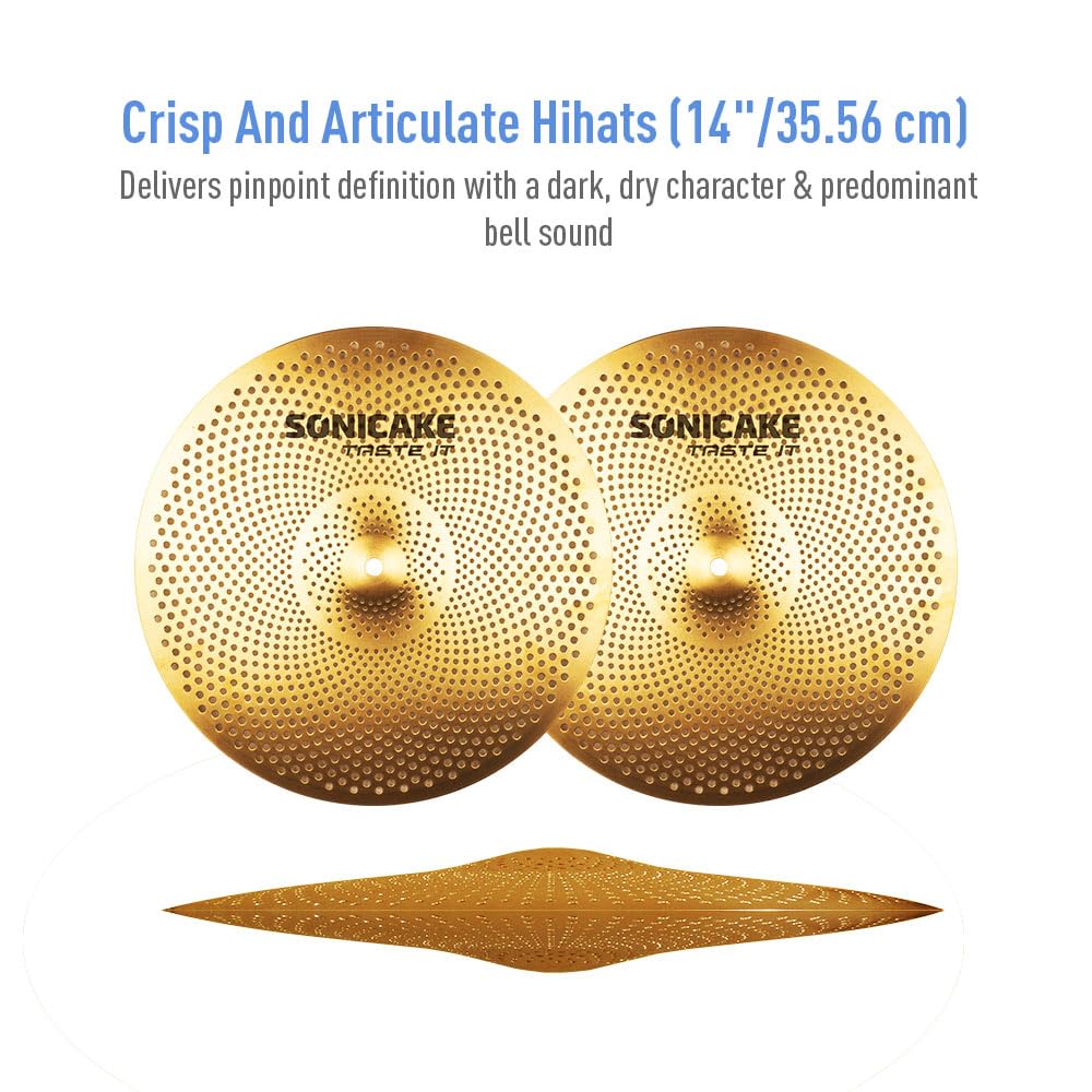 SONICAKE Set Piatti Basso Volume 14" HiHat 16" Crash 18" Crash 20" Ride Dorato 5 pezzi con borsa