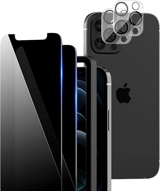 TOCOL 4 Pack Compatible with iPhone 12 Pro 6.1 Inch, 2 Pack Privacy Screen Protector and 2 Pack Camera Lens Protector, No Bubbles 9H Hardness Easy Installation Anti Spy Tempered Glass
