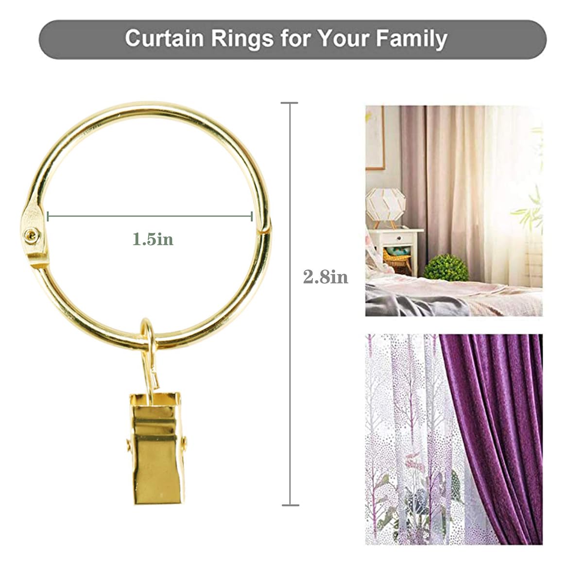 Fivebop 40 Pack Rings Curtain Clips Rustproof Metal Window Drapery Decorative Clips Vintage Heavy Duty Eyelet Curtain Rods Hangers Rings with Hooks, 1.5In Inner Diameter (Gold-Open)