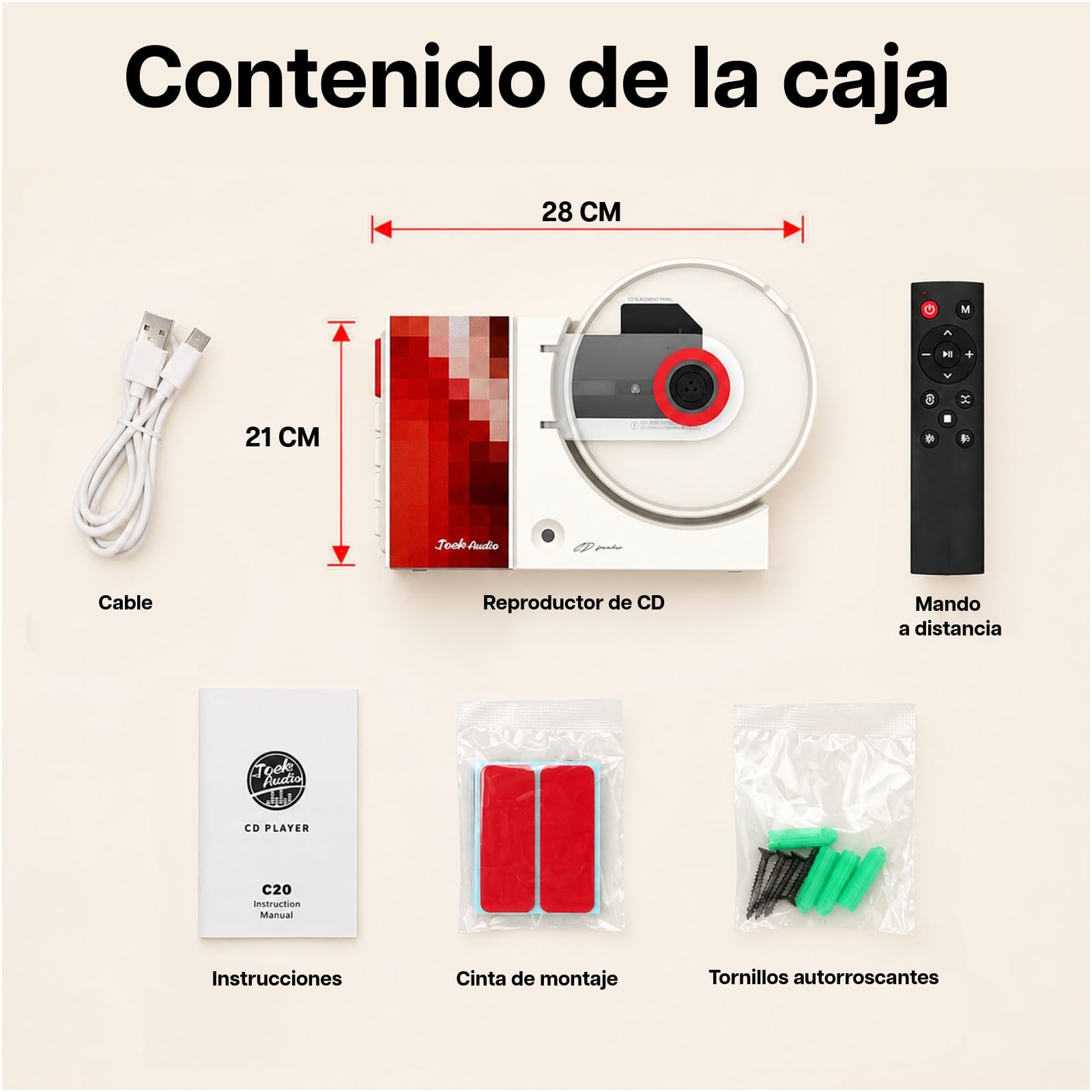 Reproductor de CD Retro, Altavoces Integrados y Emisor Bluetooth de MMOBIEL | Montaje en Pared sin Taladrar, Portátil, Reproducción USB, Salida AUX, Mando a Distancia – 6W Power, 88Hz–20kHz & 4000 mAh