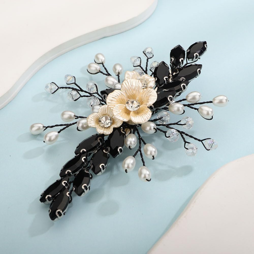Rumtock Black Rhinestones Flower Hair Clip with Pearl Beads Women Girls Wedding Bridal Hair Piece Handmade Hair Jewelry (Black)