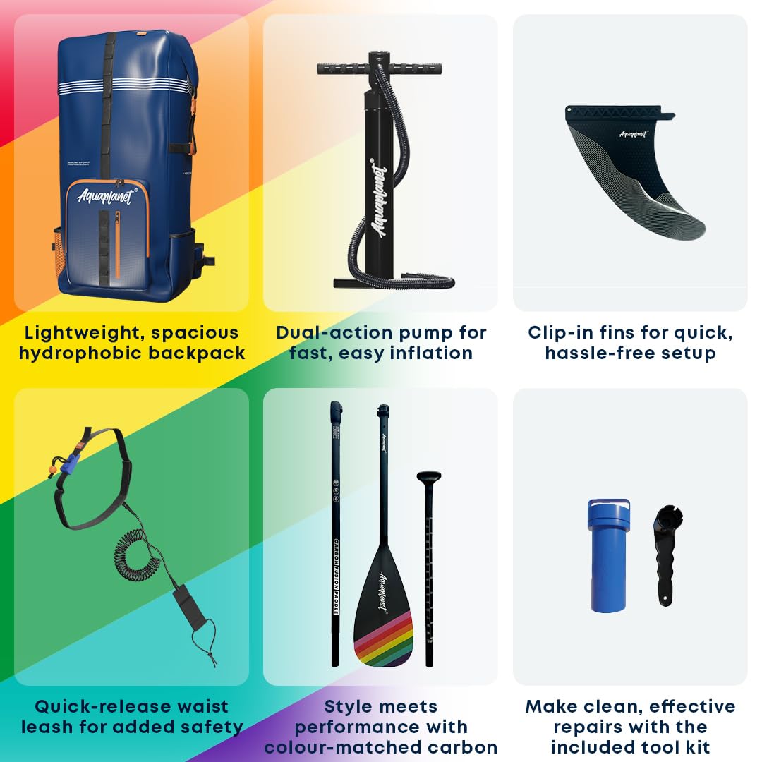 AQUAPLANET MAX SUP nadmuchiwana deska do wiosłowania | 15 cm grubości | 25 cm długości | regulowane wiosło | plecak do noszenia | podwójna pompka | Smycz bezpieczeństwa kostki | Wodoodporna sucha torba (tęcza)