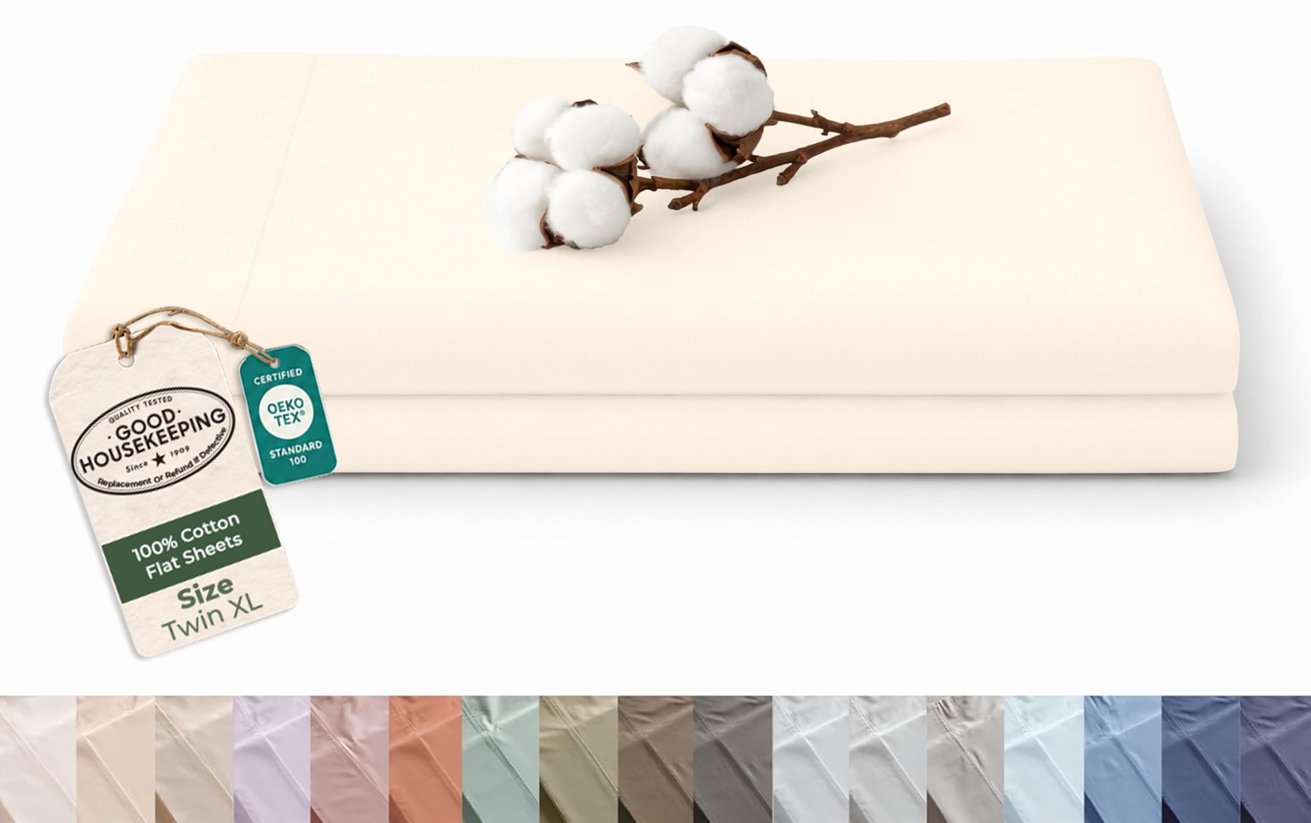 Royale Linens 100% Organic Cotton Twin XL Size Flat Sheet Only - Percale Top Sheets - Twin XL Flat Sheet Sold Separately - Lightweight &amp; Super Soft 100% Cotton Cream Bed Sheets Only (66" x 102" Cream)
