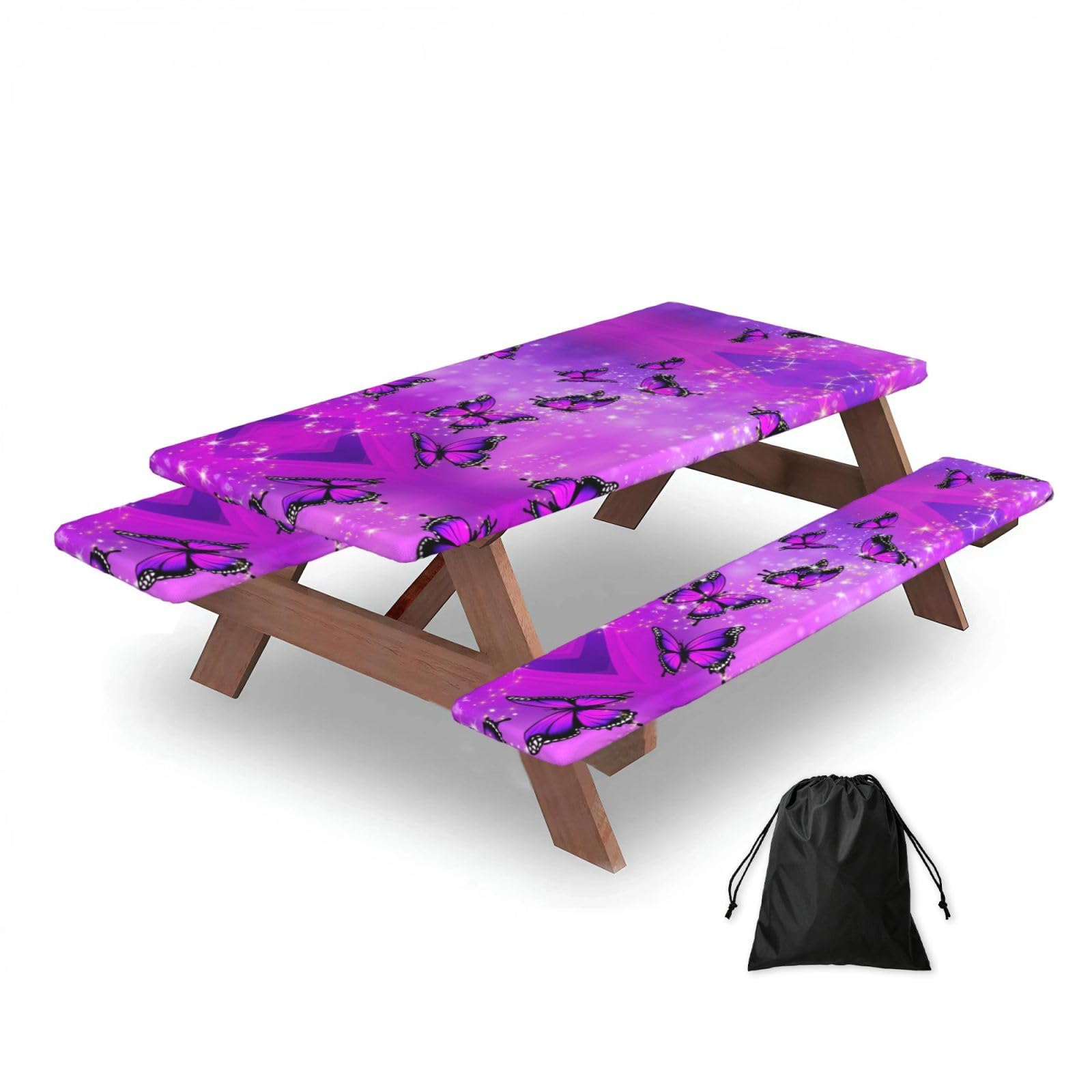 ESNAIUVCD Butterfly Print Picnic Table Cover With Bench Covers,Camping Essentials,Fitted Tablecloth Cover With Elastic Edge, For Indoor & Outdoor 3 Pcs