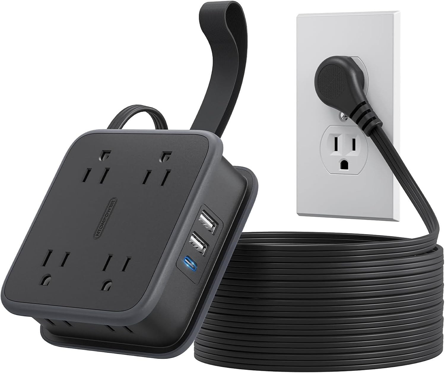 2.88M 10 FT Flat Extension Cord Under Carpet, NTONPOWER Black Power Bar with 8 Widely Outlets