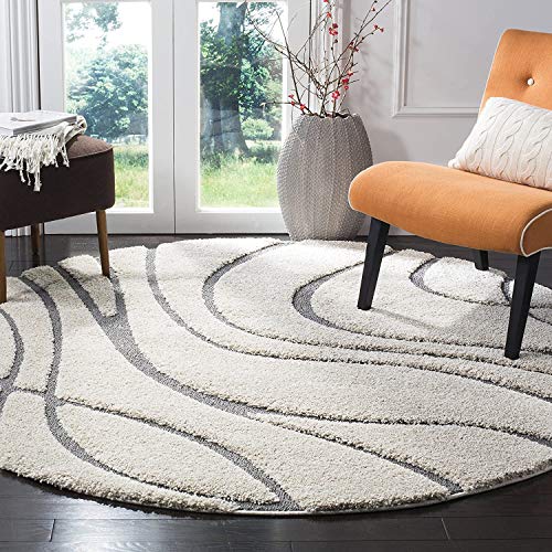 Image of Geometric Wave Round Shaggy Carpet for Living Room, Bedroom, High Low Design Finish Microfiber 1.8 Inch Pile High, 5x5 Feet Ivory|Grey Color