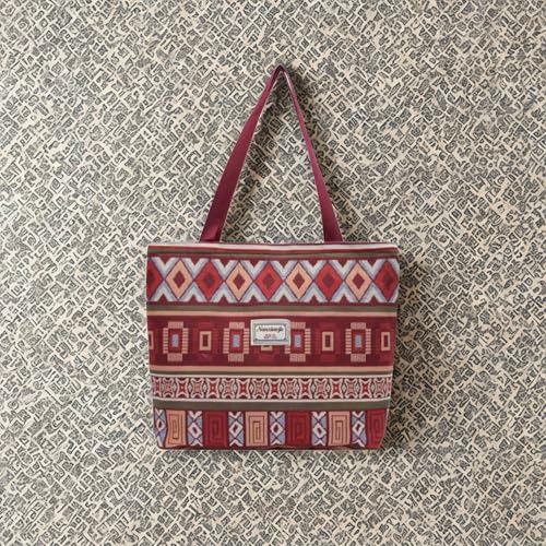 Image of Women Bohemian Canvas Tote Bag - Burgundy Ethnic Geometric Print Large Capacity Shoulder Handbag, Stylish Shopping Tote for Office, College, Travel & Daily Use
