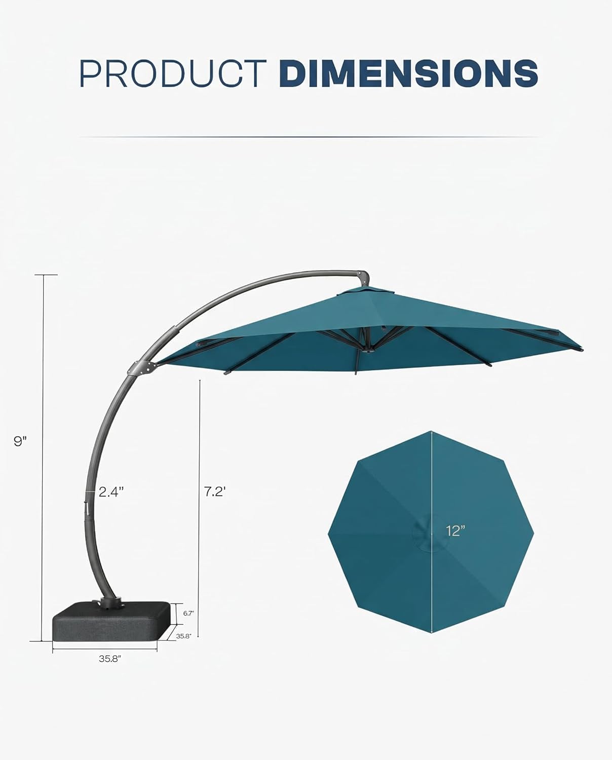 12FT Cantilever Umbrella with Base Included, Large Round 360° Rotation Offset Umbrella Outdoor Patio, Heavy Duty Aluminum Frame, Sand-Weighted Stand, for Deck, Backyard, Pool, Garden (Lake Blue)