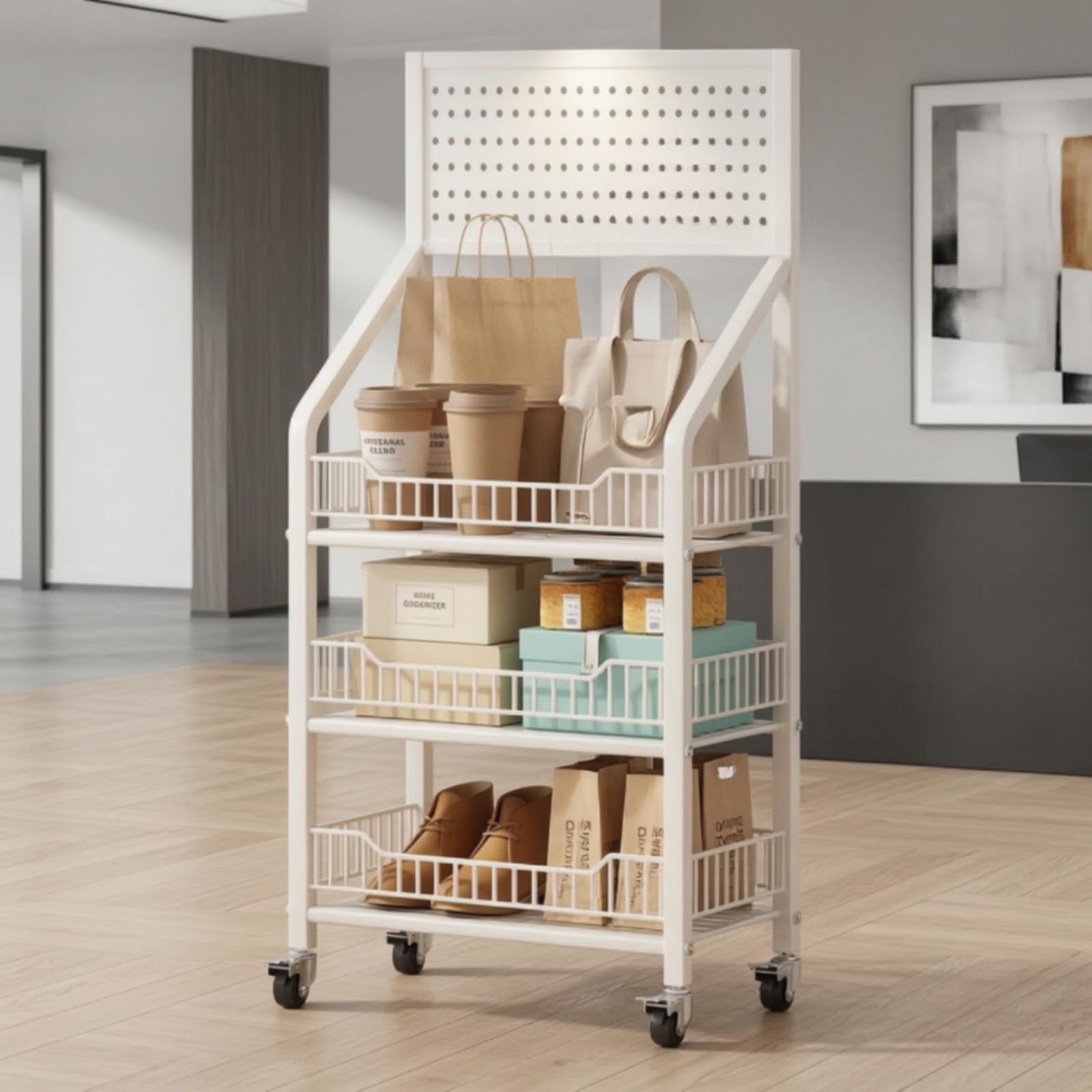 Étagère sur Roulettes avec Crochets Métallique Étagère Rangement avec Roulettes Mobile Meuble pour Cuisine, Bureau, Entrée, Noir, Trois Niveaux 50cm