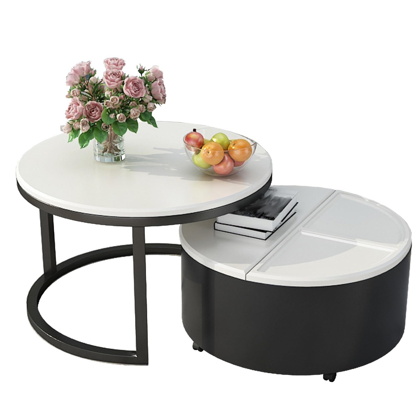 SXZenSpace Round Coffee Table Set of 2, Nesting Tables for Living Room, Small with Storage, Side Wheel, Space, Home Office, Bedroom(White)