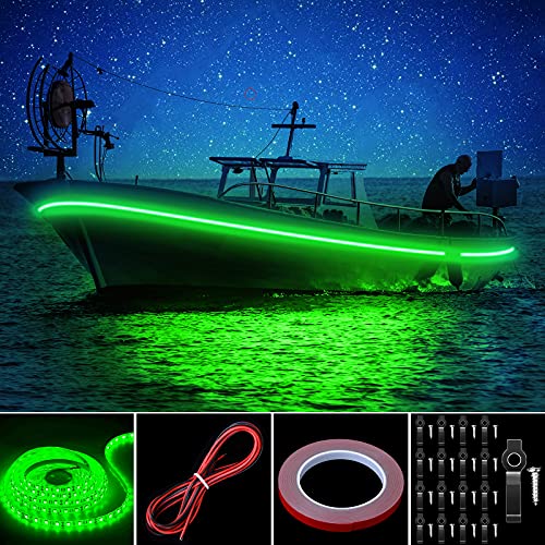Pontoon LED Strip Lights, 16.4FT 12V Waterproof Marine Boat Interior Courtesy Lights, Under Deck Night Fishing Lights with Mounting Brackets Adhesive Tape and Extension Cable for Pontoon Boat (Green)