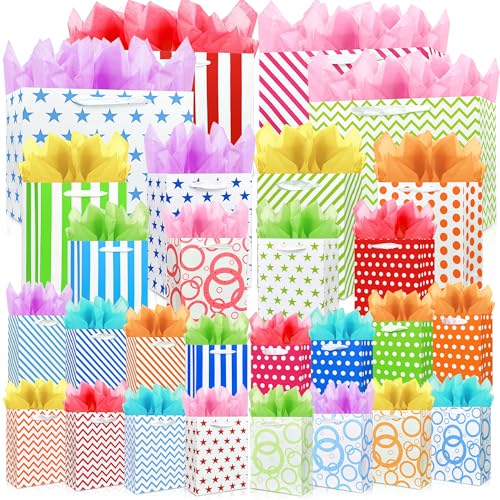 MUMULULU 56 PCS Assorted Sizes Gift Bags 28 Gift Bags 4 Sizes 28 Tissue Papers 7 Color Bulk Perfect for Birthdays Weddings Parties Holidays 4 Sizes Multiple Colors