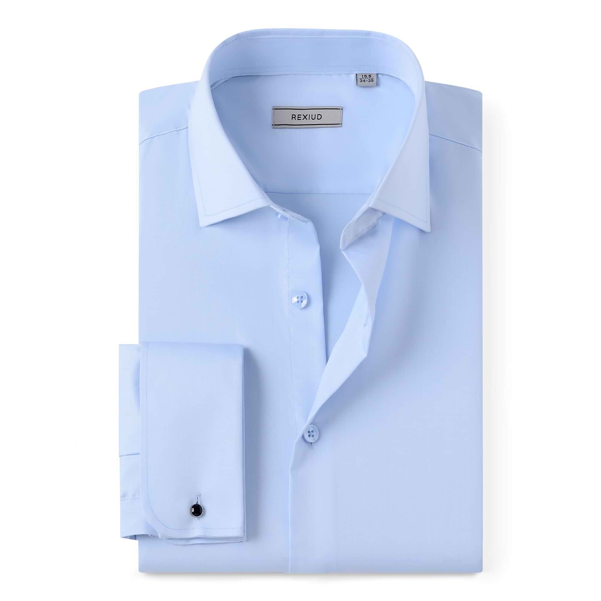 REXIUD Men's French Cuffs Dress Shirt Stretch Windsor Collar with Removable Collar Stays Long Sleeve Solid