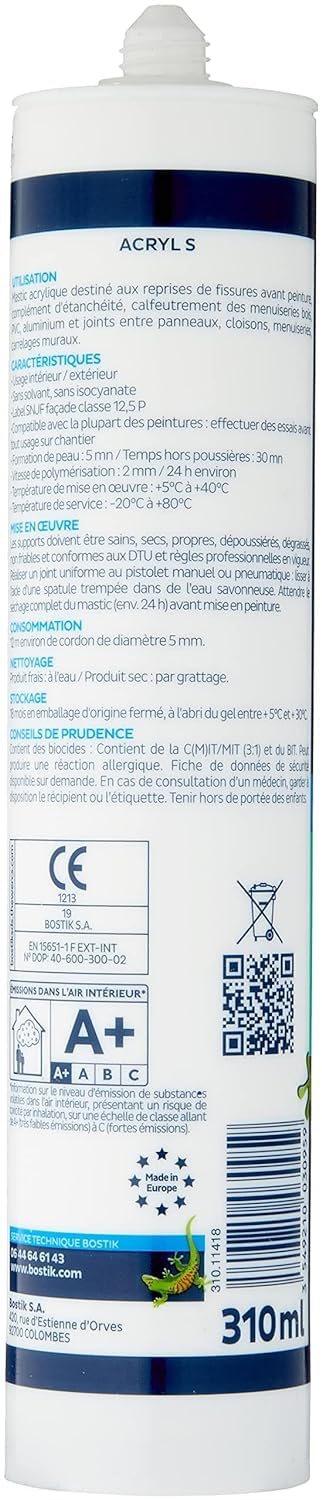 Bostik Lot de 12 Mastic Acrylique Professionnel - Acryl S Blanc - haute qualité 310 ML