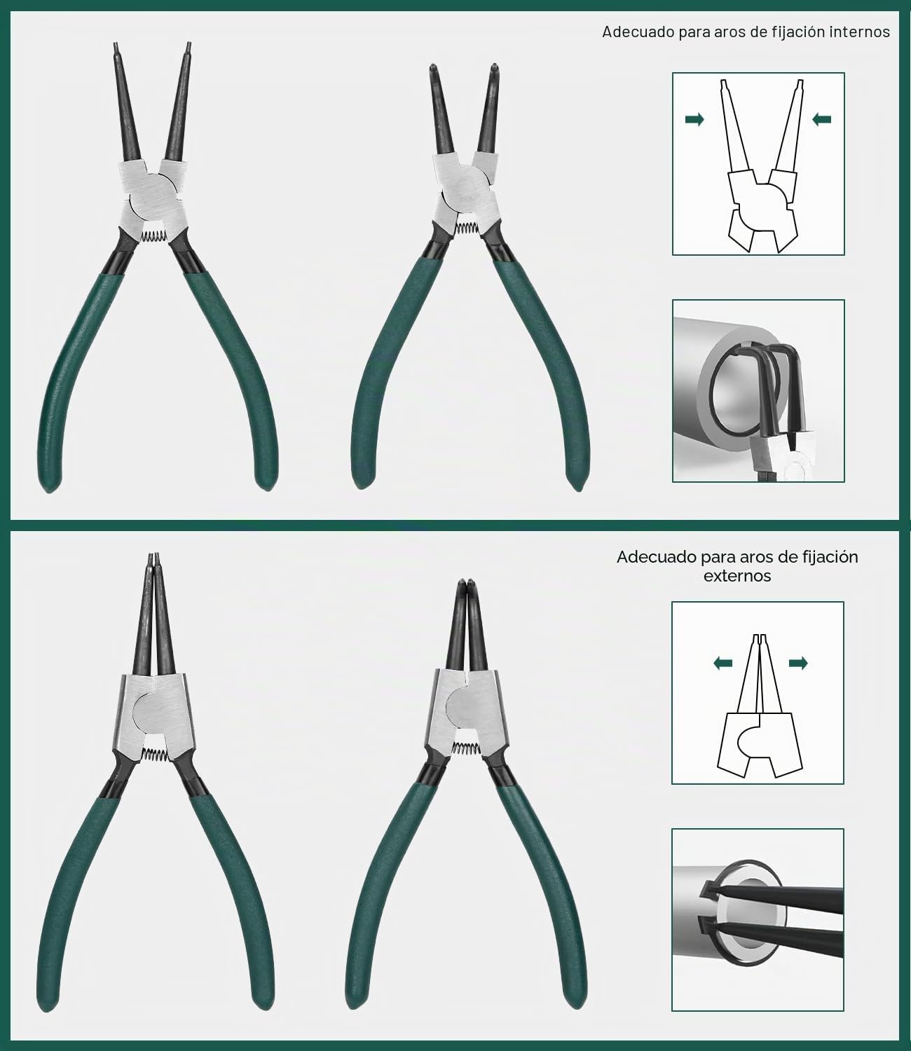LEAZZLE 4 Piezas 180mm Juego de Alicates Circlip con bolsas de almacenamiento, Alicates Circlip rectos curvados con resorte de precisión, para Anillos de Retencion Interiores y Externos