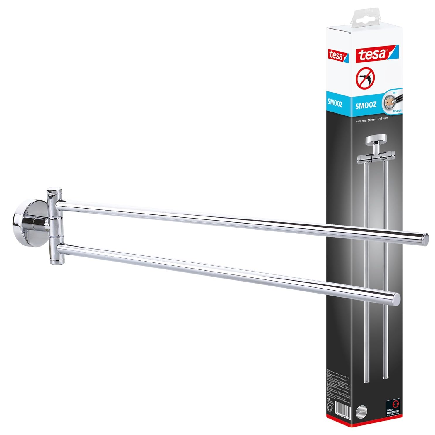 Tesa Uk Silver Tesa® Smooz Two-Armed Towel Holder, High Gloss Chromed Metal, Self-Adhesive, Adhesive Mounting Technology, 82Mm X 50Mm X 455Mm