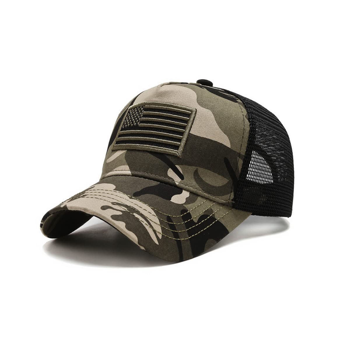 Cappello da camionista tattico in stile militare con bandiera americana, con cinturino regolabile, traspirante e unisex