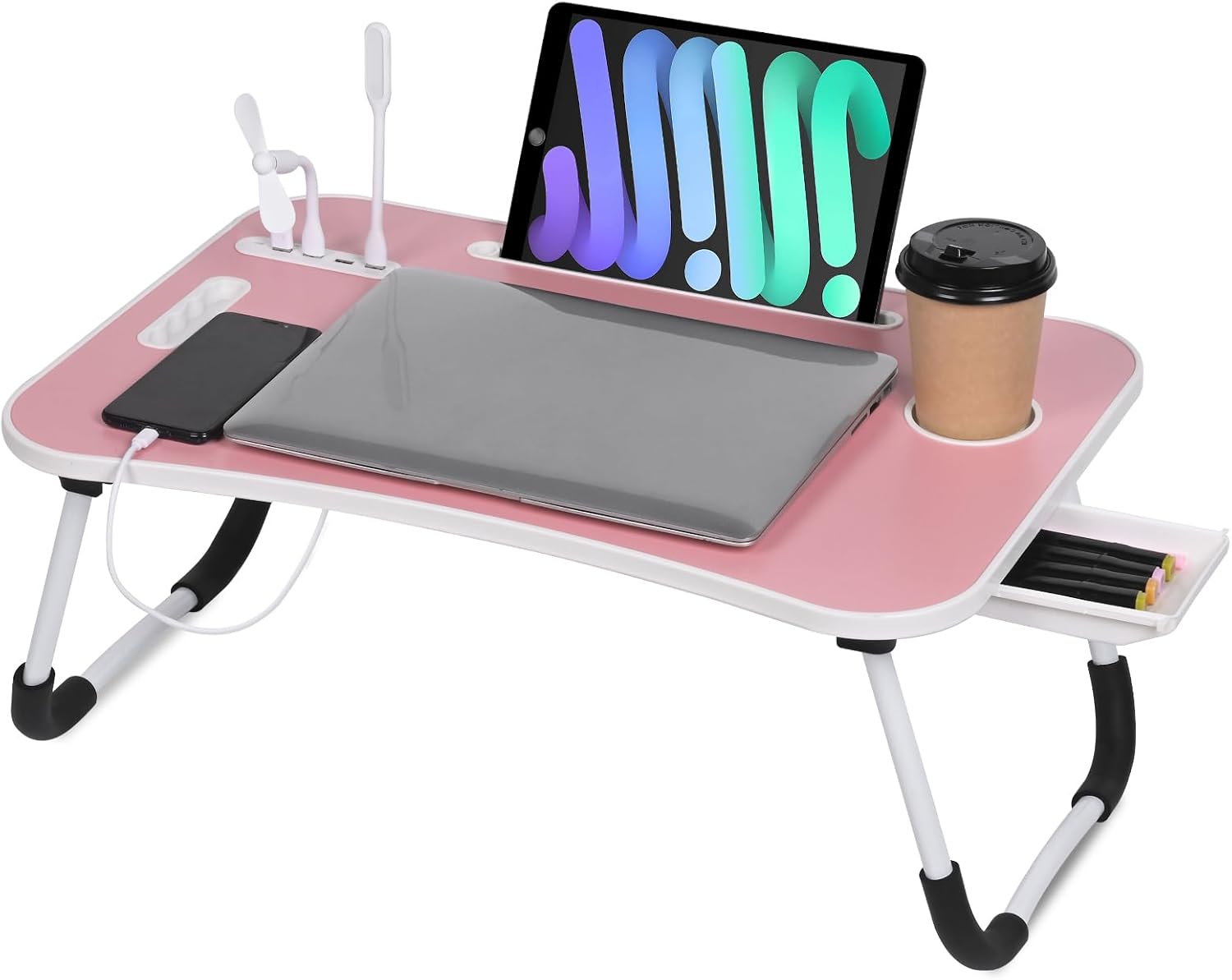 Laptop Bed Tray Table, Laptop Table Stand Desk with Carrying Handle,Storage Drawer/Cup Holder/USB Charge Port/USB Fan/USB Lamp for Studying,Working,Reading,Writing,Pink