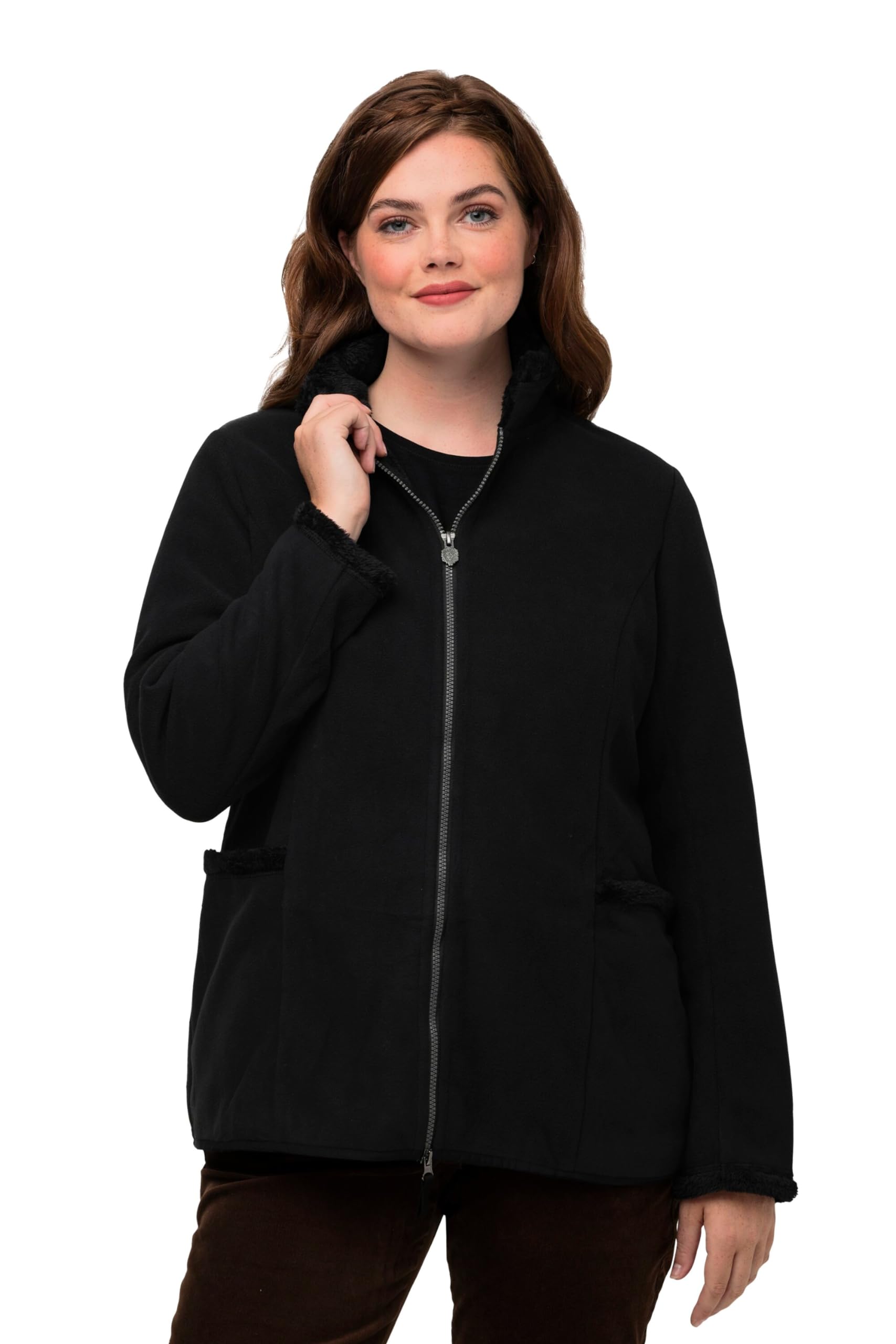 Ulla Popken Damen große Größen Übergrößen Plus Size Fleece-Janker, Teddyplüsch, Stickerei, Stehkragen 823906