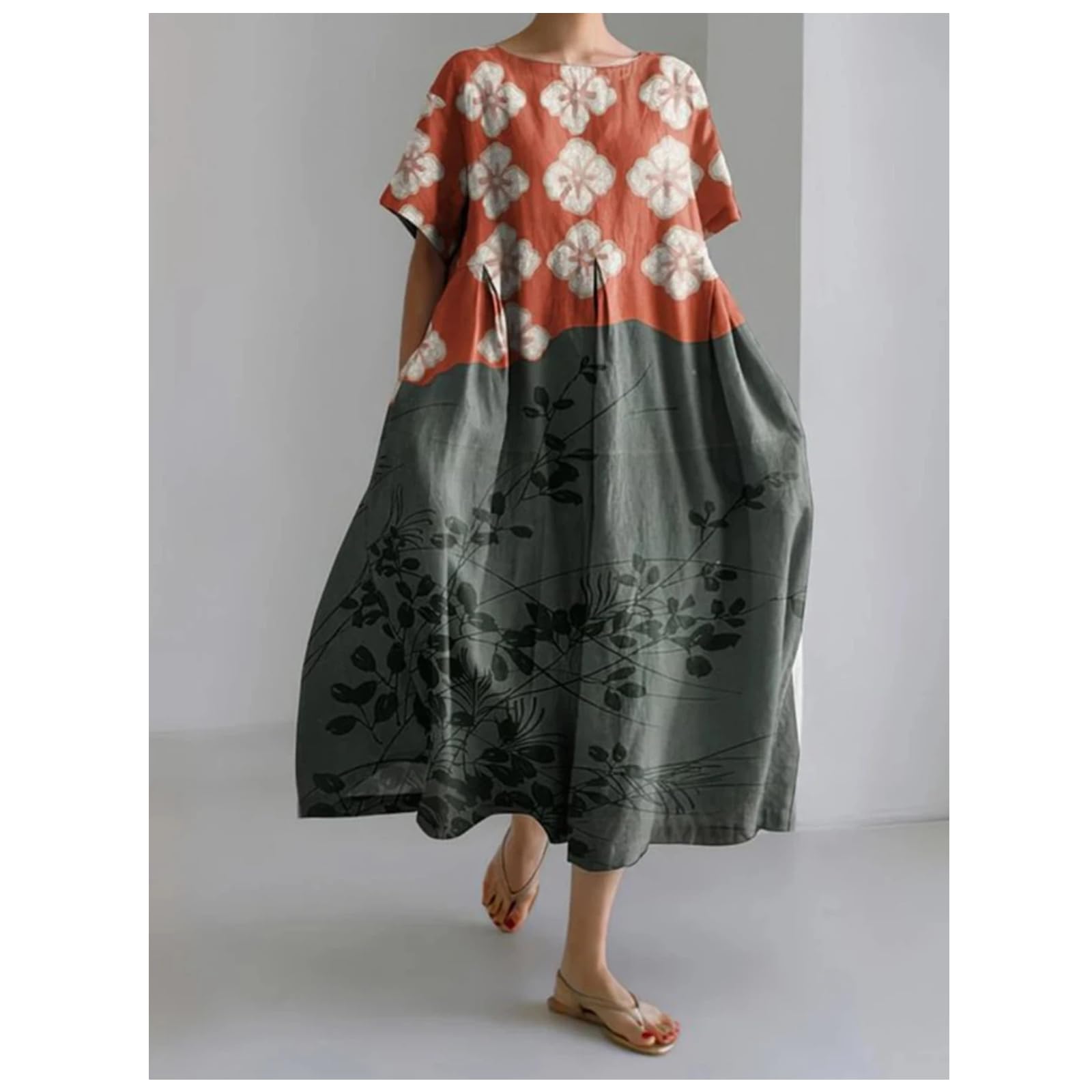 Vestido Largo Casual de Cuello Redondo para Mujer Vestido de Verano con Estampado Street Vacation Vestido de Manga Corta