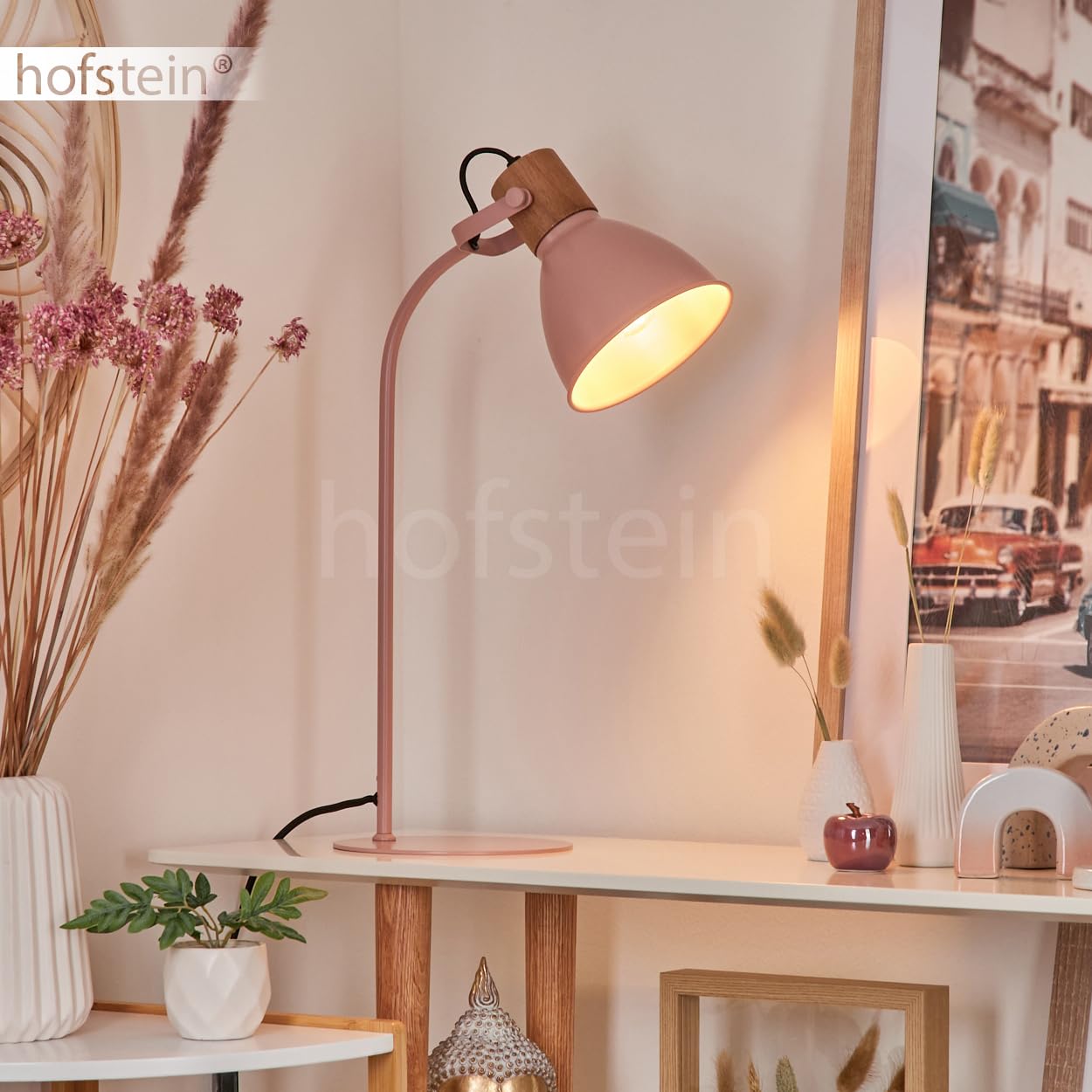 Tischeuchte Chipou, moderne Tischlampe aus Metall/Holz in Rosa/Pink/Natur, verstellbare Leseleuchte mit rundem Schirm (Ø 15 cm) und Schalter am Kabel, Höhe max. 51 cm, 1 x E27, ohne Leuchtmittel