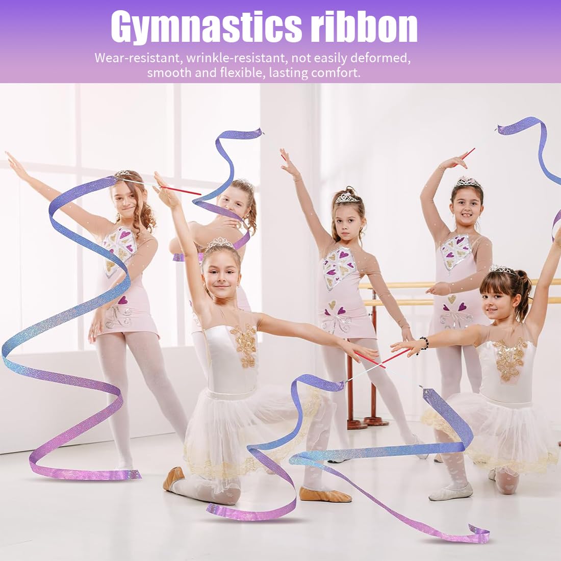 4 Pezzi Nastri da Ballo 2m Nastro da Ginnastica Ritmica con Bacchetta Ginnastica Glitterati Nastri da Danza per Talentshow Allenamento Artistico di Danza(Colorato+Rosa Viola)