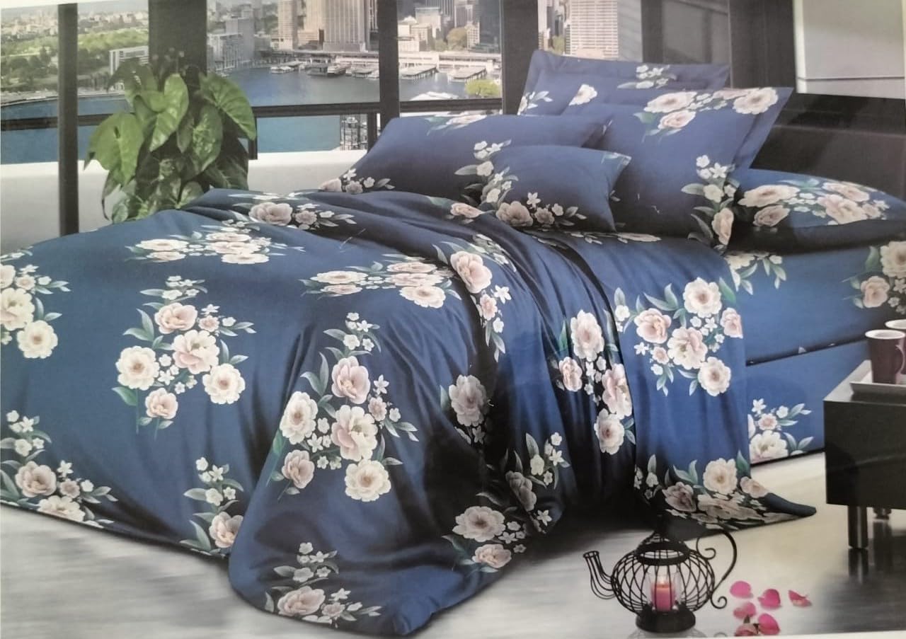 SHINESHAGUN 100% Cotton Double Bedsheet Set for King Size Bed – Soft, Skin-Friendly Floral Print Bedding with 2 Pillow Covers – Lightweight, Washable & Durable Bed Cover for Bedroom – Blue