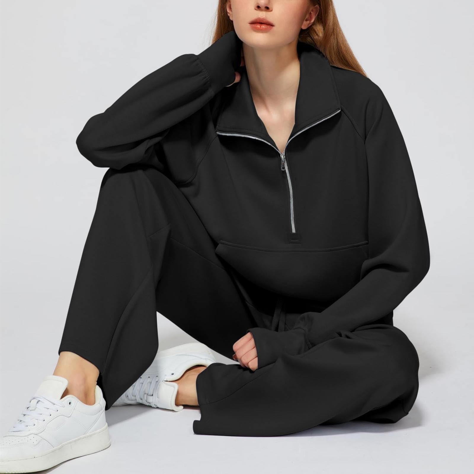 MJGkhiy Tuta Donna Sportiva Invernale Felpa con 1/2 Zip Senza Cappuccio e Pantaloni Tuta Gamba Larga Set Due Pezzi Completo Palestra Tinta Unita Sportivo Completi Eleganti Tute da Ginnastica Completa