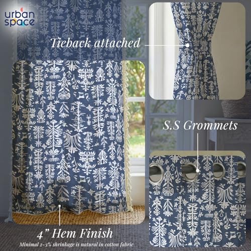 Image of Urban Space Boho Decorative Curtain for Window, 100% Cotton Curtain 5 Feet Long, 1 Piece Curtain with Tassels, 60-65% Room Darkening with Tieback and Eyelets (Twigs Indigo Blue, 5 Feet)