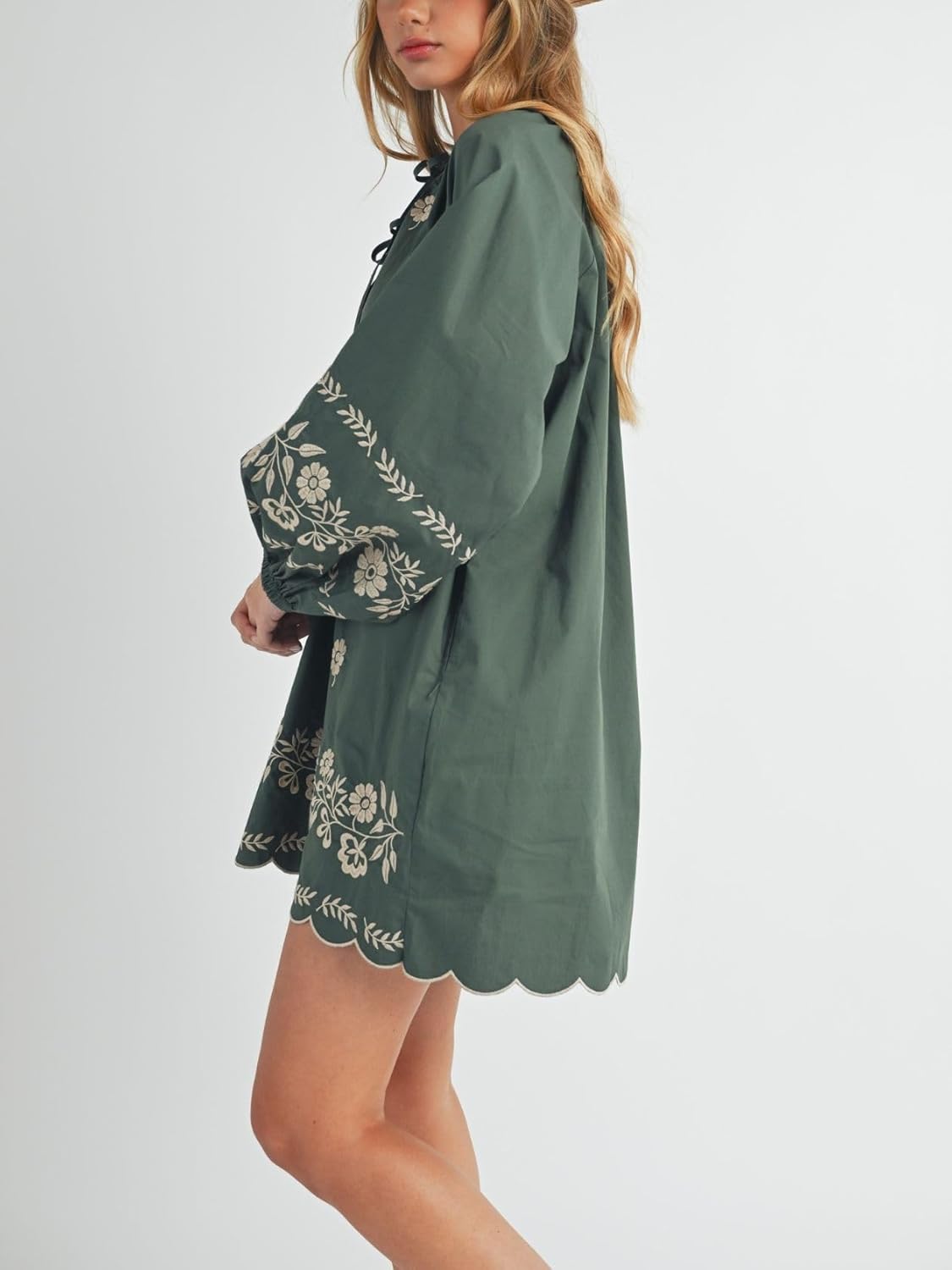 Womens Embroidered Long Sleeve Mini Dress Loose Fit Vintage Embroidery Dress with Double Neckline Self Tie - Image 5