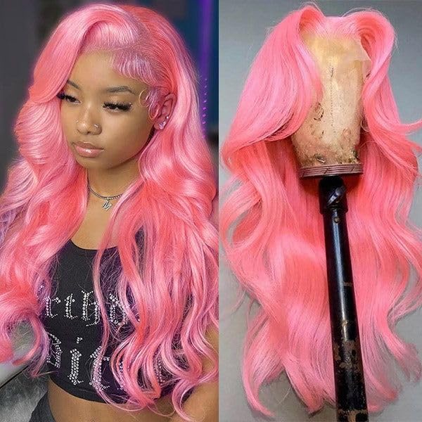 Image of 200% Pink Human Hair Wigs Body Wave 13x4 UHD Transparent Pre Plucked Pre Cut Pink Lace Front Wig Virgin Human Hair Glueless Lace Front Wigs for Women 26 Inch