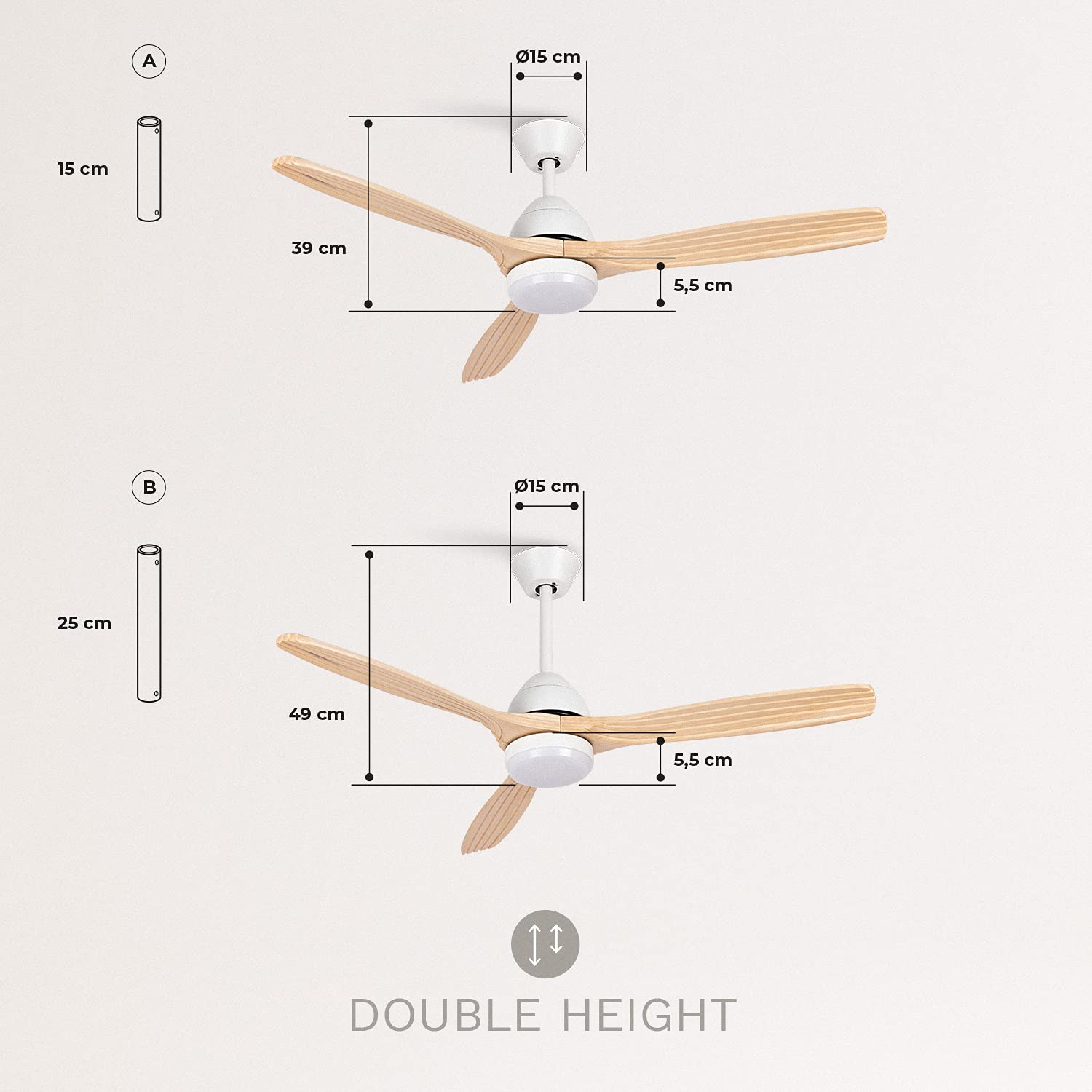 CREATE/WINDCUP/Ventilador techo con luz blanco aspas madera clara con mando / 40W, silencioso, Ø132 cm, 3 temperaturas de luz, 6 velocidades, 2 alturas, función verano-invierno