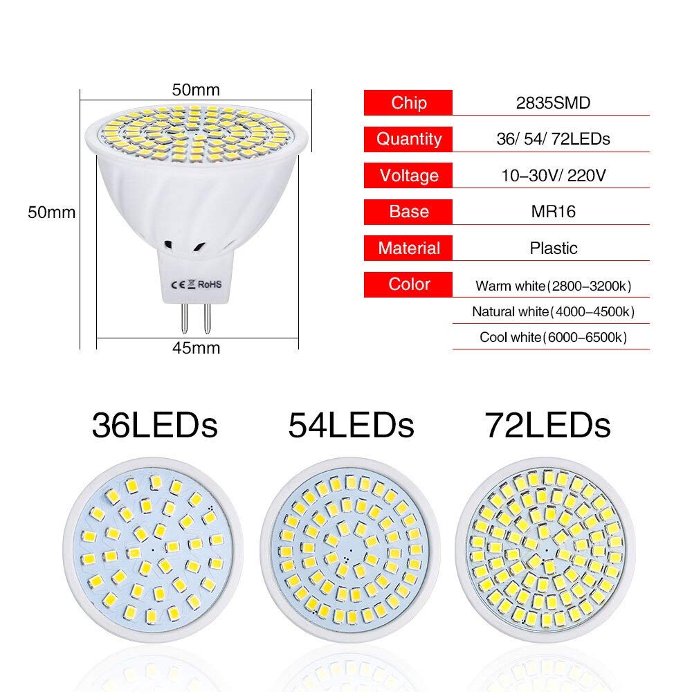 Luces de bajo Voltaje, 6 Unidades/Lote, 12 V, MR16, Foco, 4 W, 6 W, 8 W, SMD 2835, Bombilla LED de bajo Consumo de Alto Brillo para Cocina, Dormitorio, iluminación del hogar.