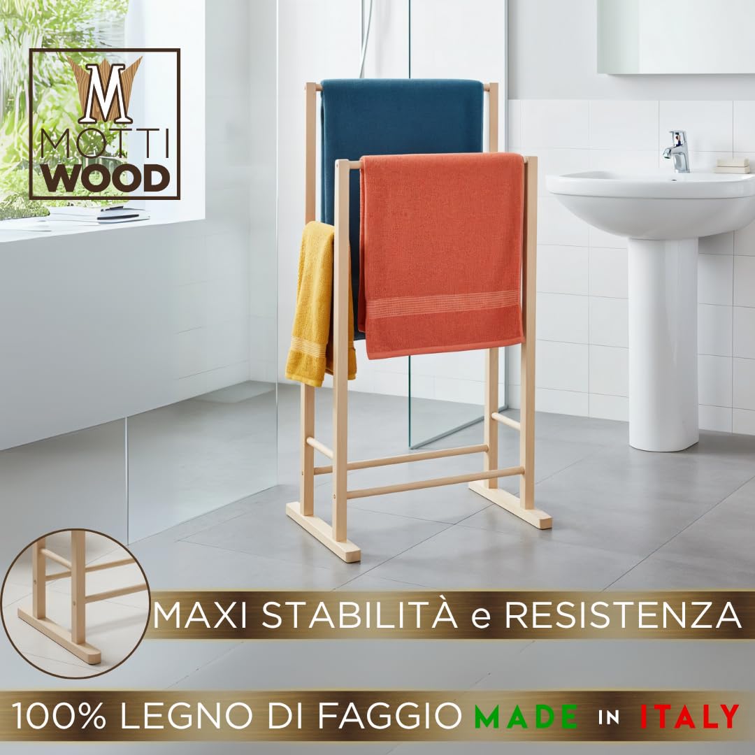 Porta Asciugamani da Terra, Legno 100% Faggio, 2 Bracci, 41 x 31,5 x 80h cm