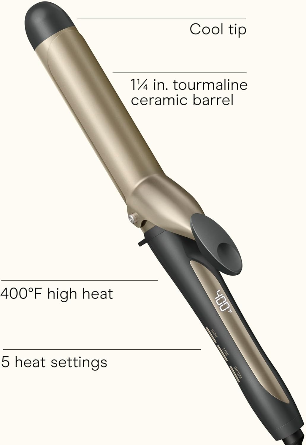 INFINITI PRO CONAIR Tourmaline Ceramic 1¼ Inch Curling Iron, 1¼-Inch Barrel Digital Hair Curler, Produces Loose Curls, 5 Heat Settings, For Use on Medium and Long Hair, Dark Grey