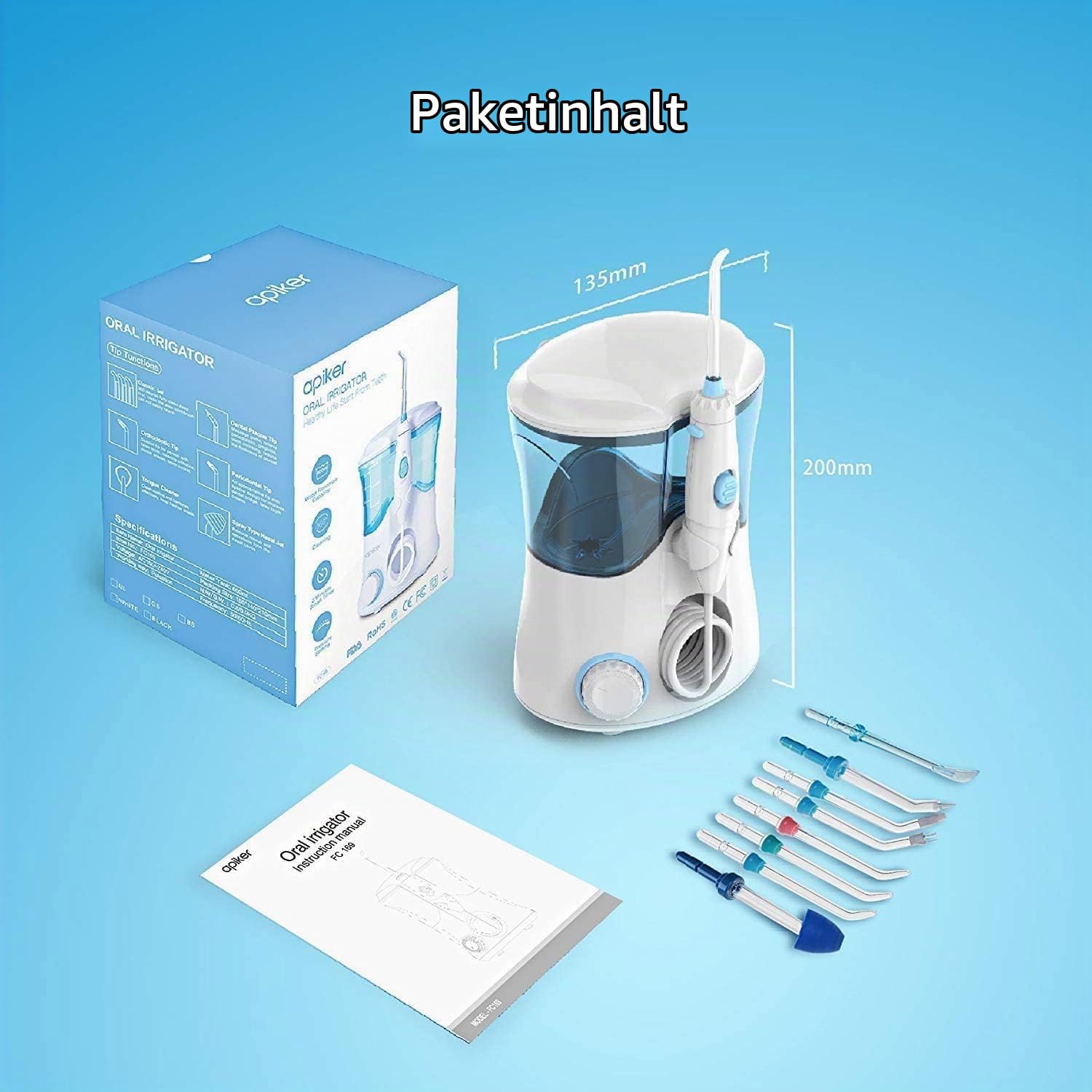 Apiker Munddusche​​ mit 10 Druckstufen– ​​Power Water Flosser​​ mit 8 Düsen (Zahnspange/Zunge/Nase) –5x Stärker als Zahnbürsten– 600ml Zahndusche ​​Mundspülung Elektrisch & ​​Oral Irrigator