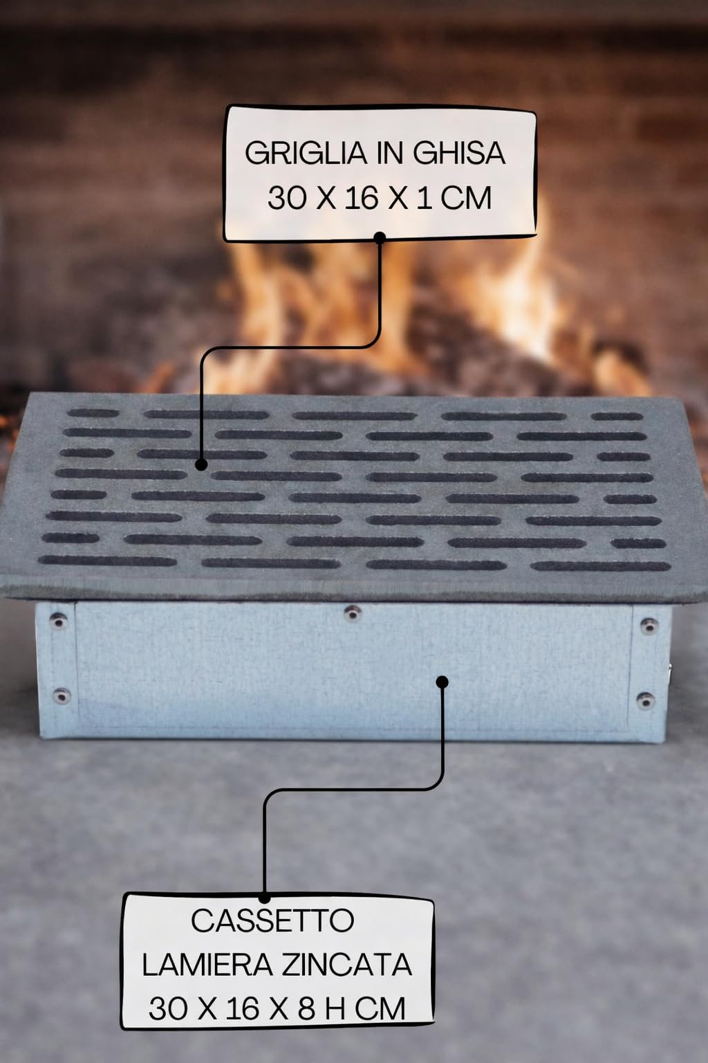 Fonderia Bongiovanni | Griglia in Ghisa | Griglia per Camino | Stufa Pellet | Barbecue Fondello per Cenere | 30x16 cm Mod.M | con Cassetto Raccolta Cenere | Altezza 8 Cm | Accessori Camino