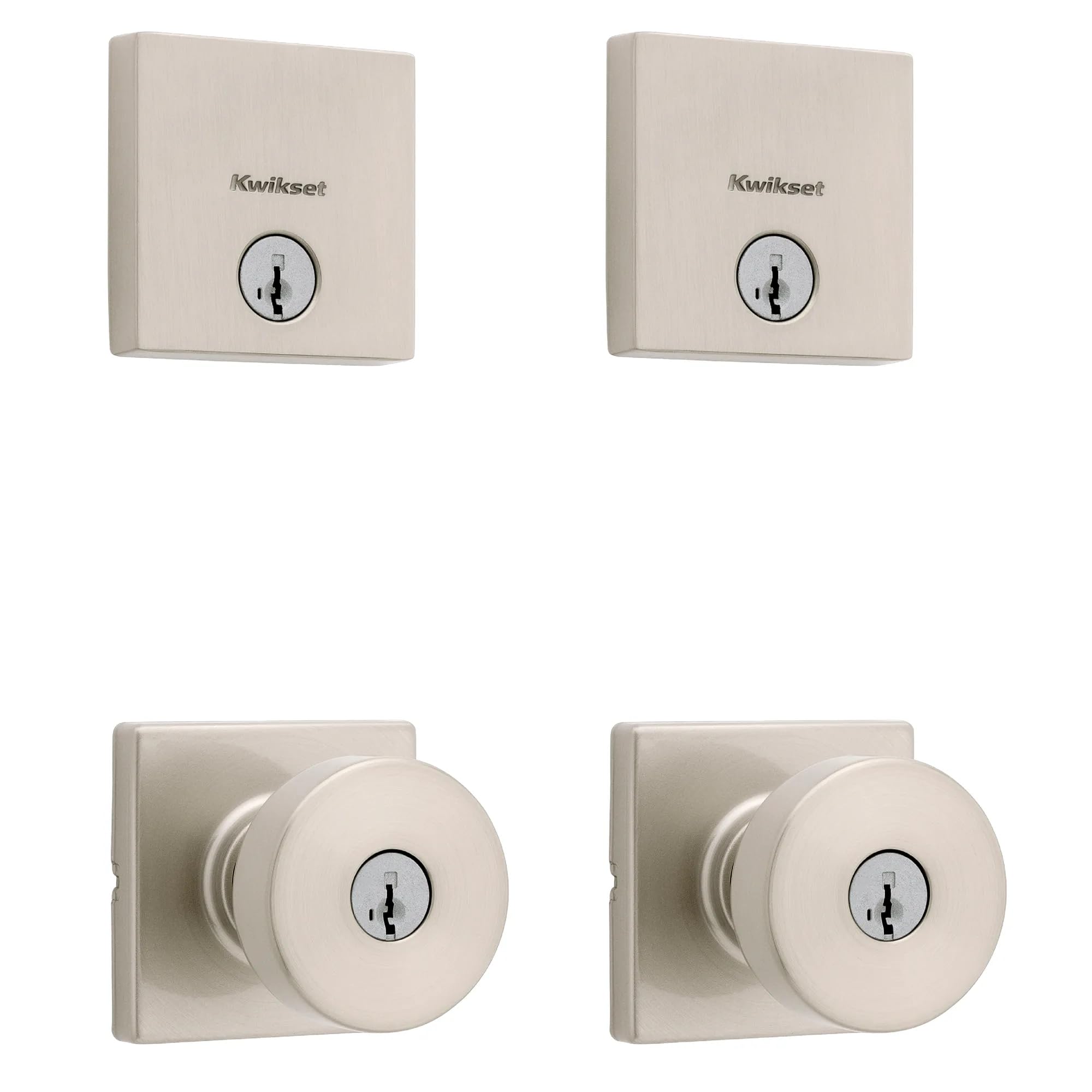Kwikset Pismo Square Front Door Lock Handle and Deadbolt Set, Entry Exterior with Interior Door Knob, Satin Nickel, Project Pack, Pick Resistant SmartKey Rekey Deadbolt Security