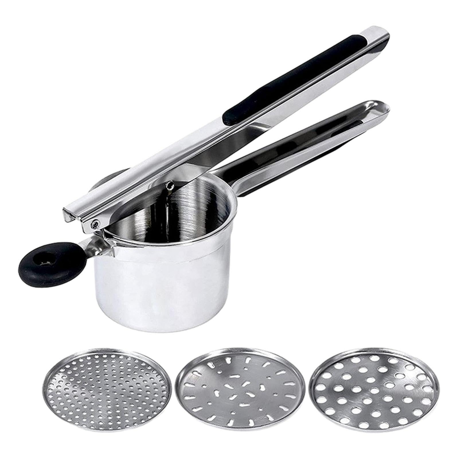 Potato Ricer,Stainless Steel Potato Masher with 3 Interchangeable Discs,Ricer for Mashed Potatoes,Mashed PotatoMasher for Commercial Home Use,Potatoes Press Kitchen Gadget Fruit Veg Press(Black)