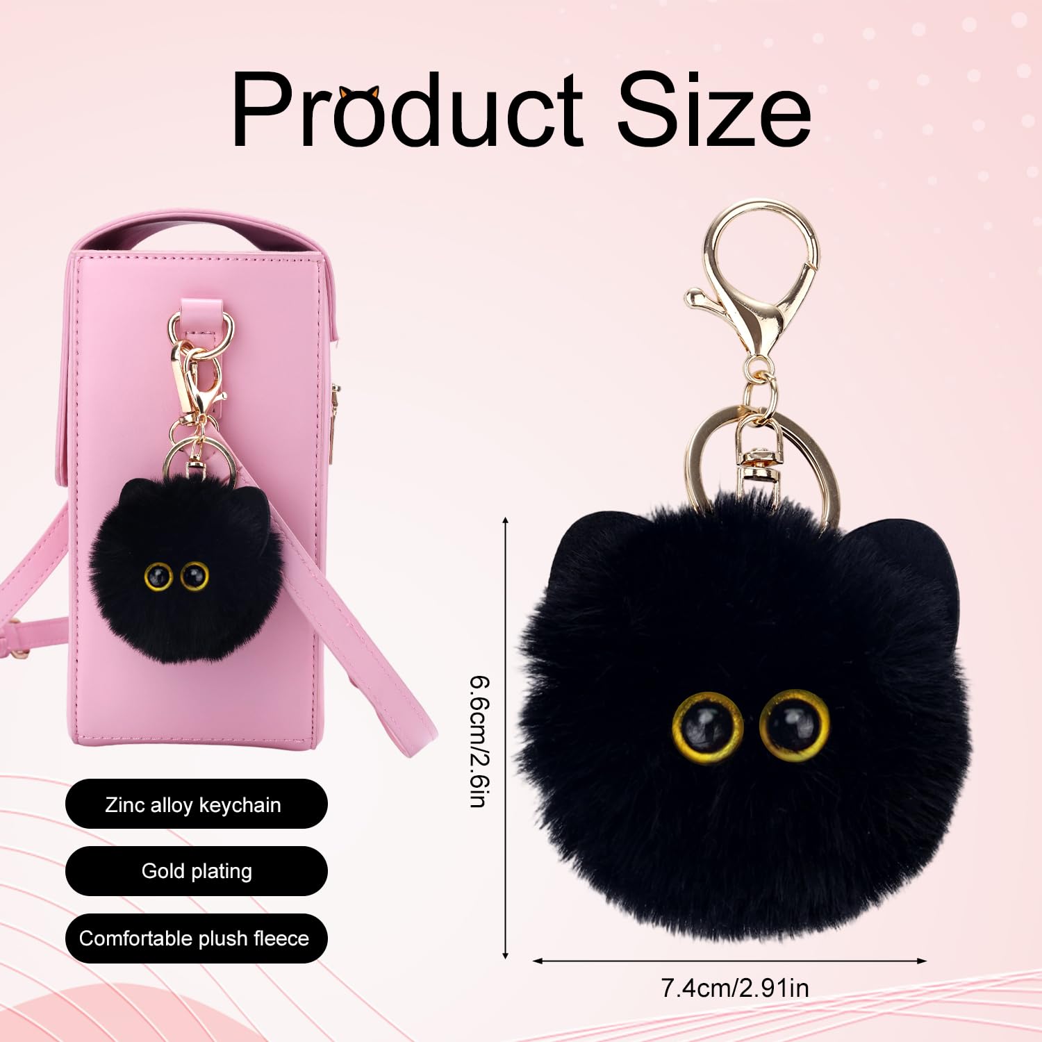 2szt Czarny Kot Miękki Brelok, Słodki Kot Pompon Brelok Miękki Kawaii Zawieszki Plecaka dla Kobiet Dziewczyn Kluczyki do Samochodu Portfele Akcesoria do Torby
