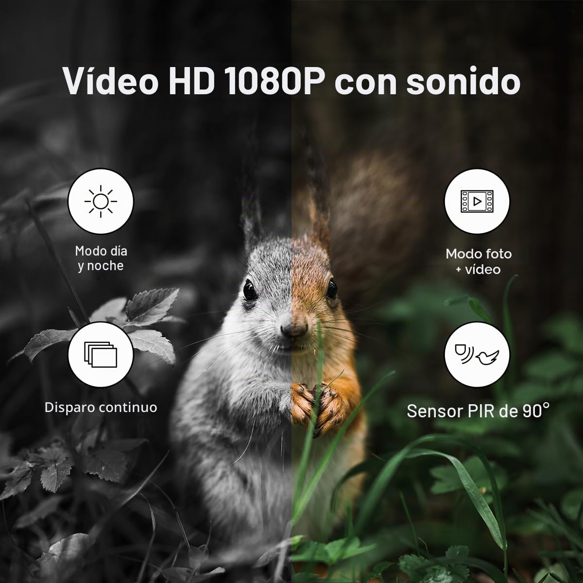 Cámara de vida silvestre con visión nocturna, disparador de calor y movimiento, resolución Full HD 1080p (1920 x 1080 (16:9) a 30 fps), protección IP66, rango de detección IR de gran angular de 90°