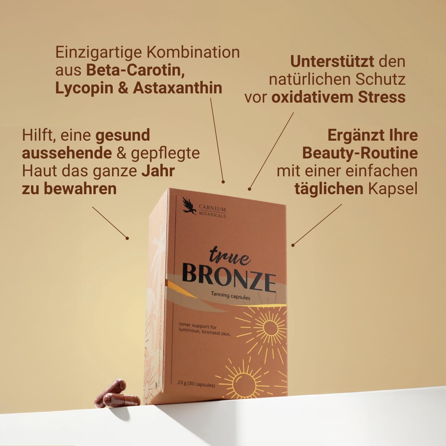Carnium Botanicals True BRONZE – Bräunungskapseln, 30 Stück | Astaxanthin, Beta-Carotin, Vitamin A, Für Haut & Teint, Carotin Kapseln