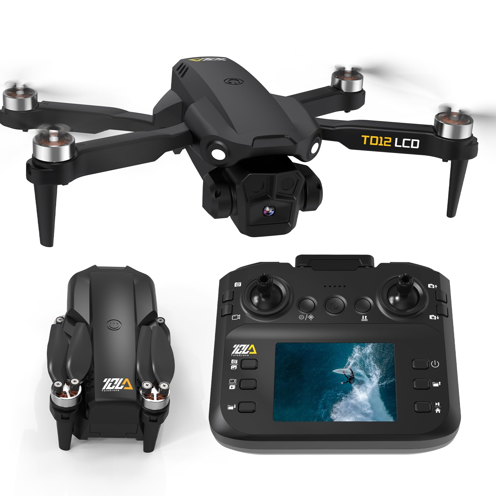 Toladrone Pieghevole Drone con Telecamera 4K, Droni con Trasmissione su Schermo LCD, modalità Headless, Regolazione Elettrica a 90°, Quadricottero RC per Adulti, TD12LCD Drone per Principianti